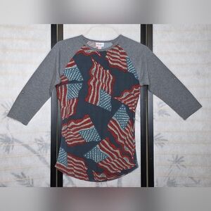 LuLaRoe Women's Long Sleeve Tee - Gray and Red Flag Design
